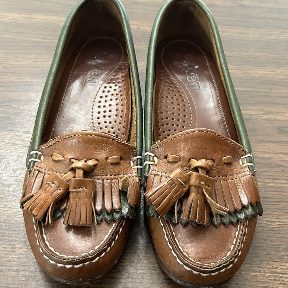 Vintage Dexter Leather Kiltie Tassel Leather Loafers Tan Green Size 5.5 Preppy